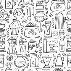 Coffee doodles, seamless pattern for your design. French press, cup of coffee, latte, cappuchino, espresso, grinder, pots, coffee beans, sweets