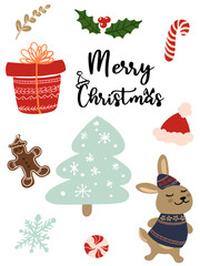 Cute vector Christmas collection. Hand drawn vector Christmas set, isolated on a white background. Cute bunny, Christmas tree, cookie man, present boxes, sweets, santa hat. Design for winter holidays.