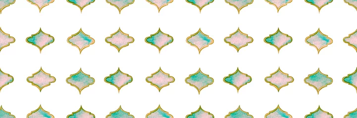 Gordijnen Quatrefoil Seamless Pattern for Header. Green and Teal Rhombus Majolica Background. Barbed Watercolour Trellis. Geometric Morrocan Tile. Lattice Marrakesh Watercolor Header. Damask Print. © Vialeta