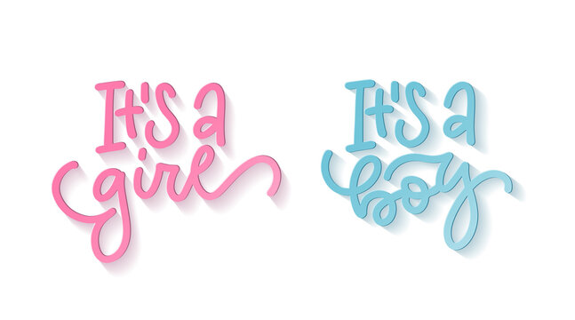 It's a girl, it's a boy - set of 3d lettering texts for greeting card. Baby shower poster overlay. Baby arrival and shower quote collection. Vector design with shadow