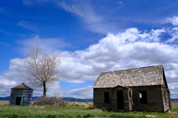 Old Homestead Home on Farm with Silo and Tree Blue Sky and Clouds