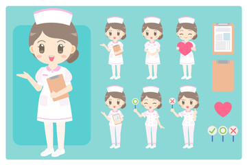 white uniform female nurse in supportive poses cute flat cartoon vector characters.
