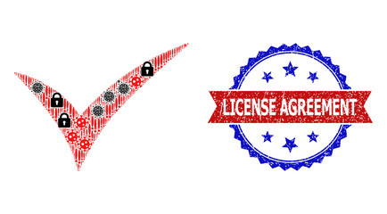 Obraz premium Vector viral mosaic valid icon, and bicolor unclean License Agreement seal stamp. Mosaic valid icon is created with covid infection, secrecy, exclamation icons.