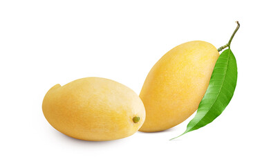 Ripe Mango with green leaf isolated on white background. Clipping path.