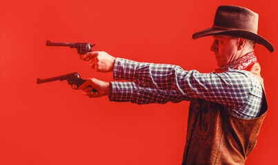 Man wearing cowboy hat, gun. Portrait of a cowboy. West, guns. Portrait of a cowboy. Western man...
