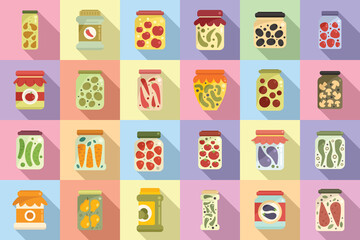 Obraz premium Pickled products icons set flat vector. Autumn canned