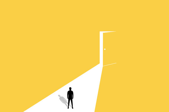 Business opportunity or career success vector concept with man walking enter door. Symbol of courage, ambition, having a goal, inspiration.