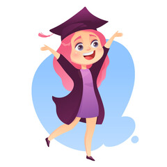 Happy girl in in graduation gown and cap, cartoon vector illustration
