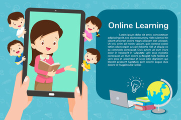 children and teacher online learning concept