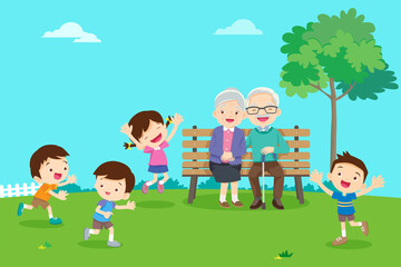 grandparents with kids happy playing