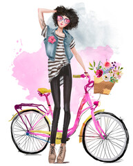 Fototapeta na wymiar girl with bicycle and flowers