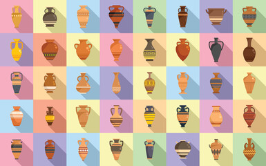 Amphora icons set flat vector. Vase pottery