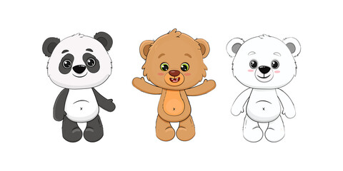 Set of cute cartoon bears. White bear, panda and teddy bear. 
