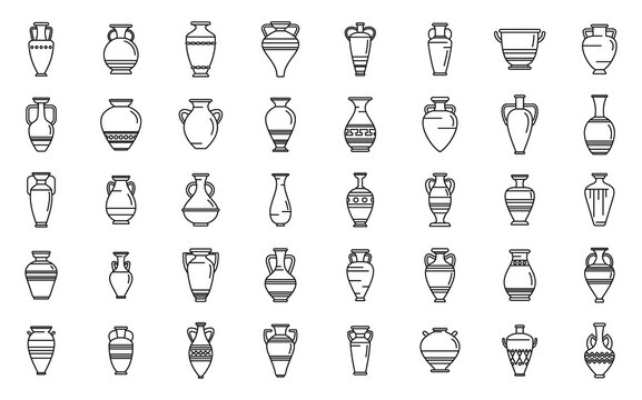 Amphora icons set outline vector. Vase pottery