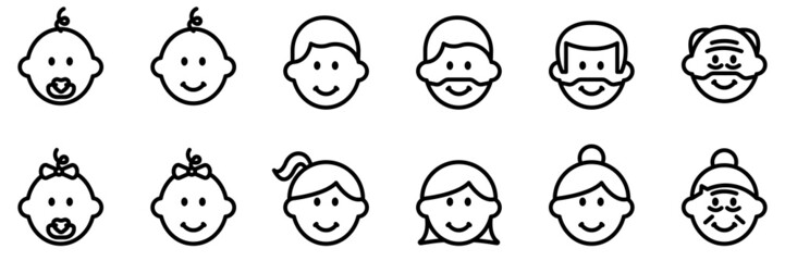 Set of people of different ages icons. Lifecycle from birth to old age. Age groups of people from baby to elder, male and female. People generations, baby, child, teenager, young, adult, old.
