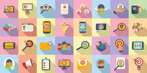 Target audience icons set flat vector. Media service