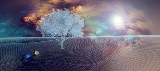 Cyberspace landscape grid.Abstract  landscape background. Abstract polygonal space low poly dark background with connecting dots and lines. Connection structure. 3d rendering. 3d technology.