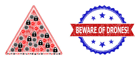 Vector covid-2019 collage yellow triangle icon, and bicolor rubber Beware of Drones! seal stamp. Mosaic yellow triangle icon is designed with covid-2019, lock, warning items.