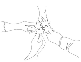 Single continuous line drawing of business team members unite puzzle pieces together to one as team building symbol. Trendy one line draw design vector graphic illustration. Employee teamwork concept.