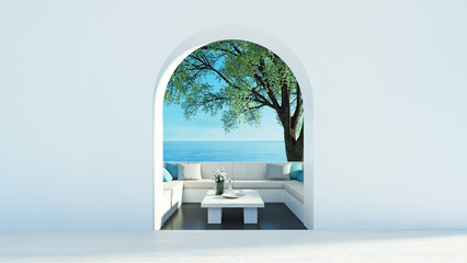 Sea view Beach luxury living - Santorini island style - 3D rendering - obrazy, fototapety, plakaty