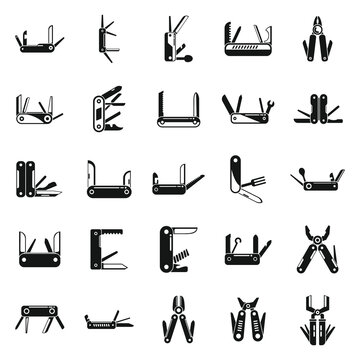 Multitool icons set simple vector. Multifunctional knife