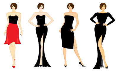 Fashion illustration of female models in evening and cocktail attire, vector set in color, isolated, on white background.