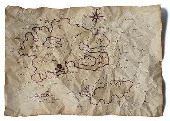 Old treasure map. Crumpled map of pirates on a white background.
