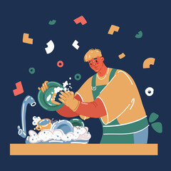 Cartoon vector illustration of Man washes dishes