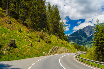 Road among Alps mountains, Klosters-Serneus, Davos, Graubuenden