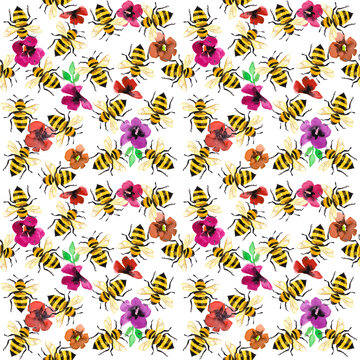 Watercolor illustrated honey bee among flower petals. Seamless pattern hand painted.
