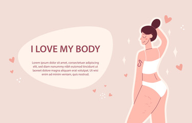 Obraz na płótnie Canvas Body positive. Happy harmonious girl. Love your body. Vector illustration concept 