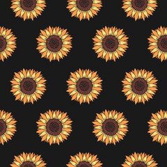 Seamless vector pattern of sunflowers. Background for greeting card, website, printing on fabric, gift wrap, postcard and wallpapers. 