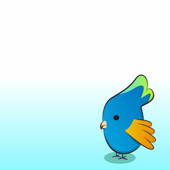 Cartoon round abstract parrot of blue color with orange wings.
