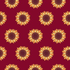 Seamless vector pattern of sunflowers. Background for greeting card, website, printing on fabric, gift wrap, postcard and wallpapers. 