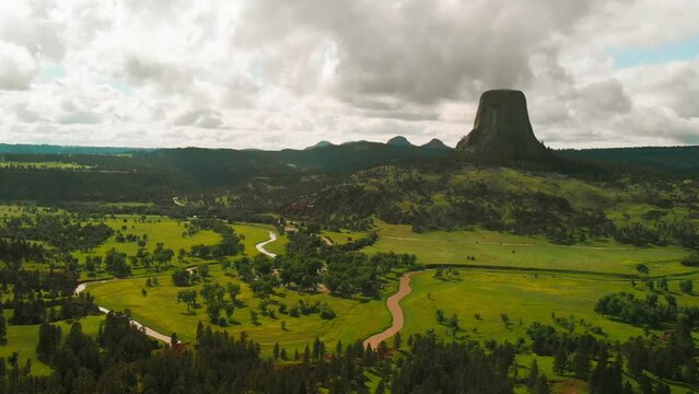 Aerial view of Devils Tower surrounding countryside in summer season, Wyoming