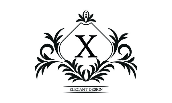Vintage elegant logo with the letter X in the center. Black ornament on a white background. Business sign template, identity monogram for restaurant, boutique, heraldry, jewelry