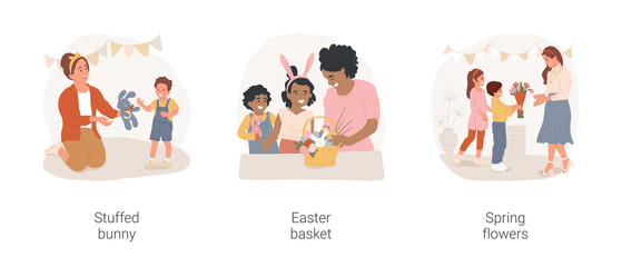 Easter presents isolated cartoon vector illustration set. Mother giving child stuffed bunny, Easter basket, kids giving mom bunch of spring flowers, religious holiday celebration vector cartoon.