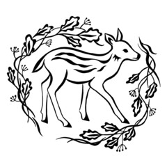 Silhouette of little sweet baby deer, fawn surrounded by branches of a flowering bush and oak leaves