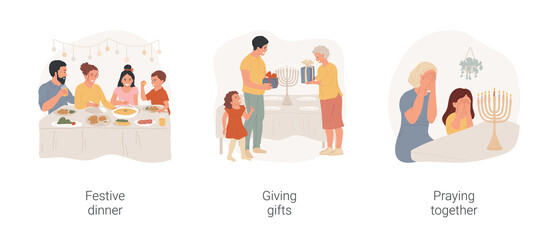 Hanukkah family gathering isolated cartoon vector illustration set. Family gathering for Hanukkah celebration, festive dinner, sharing gifts for religious holiday, praying together vector cartoon.