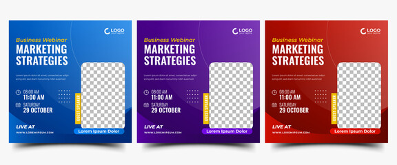 Set of Webinar promotion square banner template. Editable modern banner with blue, purple, and red color background. Usable for social media post, and web ad