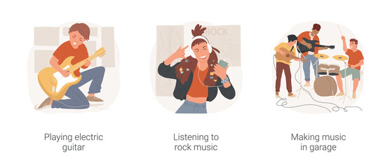 Rock music isolated cartoon vector illustration set. Boy playing electric guitar in room with posters, girl listening rock in headphones, horn sign gesture, garage band rehearsal vector cartoon.