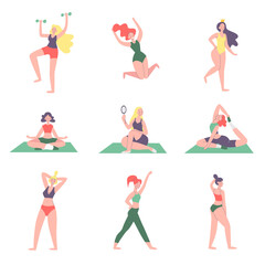 Body positive. Happy girls. Love your body. Variety of poses and gestures. Dynamic life. Sport, dance and yoga. Vector illustration concept	