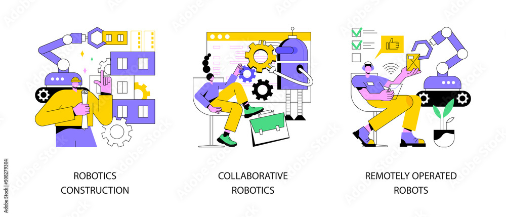 Poster machine work abstract concept vector illustration set. robotics construction, collaborative artifici
