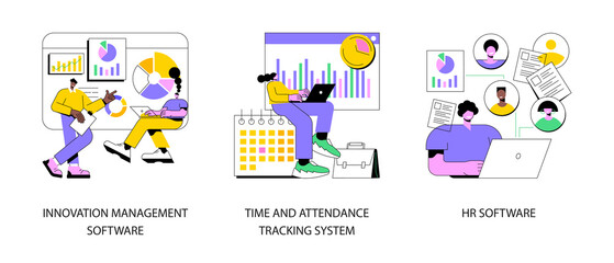 Business management abstract concept vector illustration set. Innovation management software, time and attendance tracking system, HR software, working time tracker, payroll system abstract metaphor.