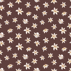 Seamless vector pattern of lilies. Background for greeting card, website, printing on fabric, gift wrap, postcard and wallpapers.