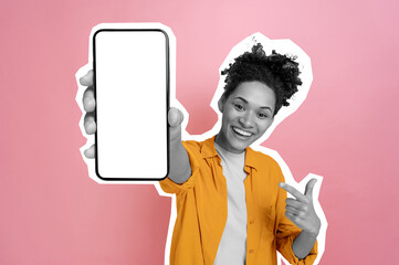 Excited happy black and white african american girl, holding smart phone in her hand with blank...