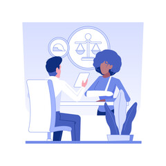Employment lawyer isolated concept vector illustration. Woman talking to lawyer about employee rights, business people equality, legal service, banking and finance sector vector concept.