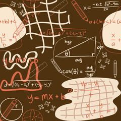 Seamless pattern mathematical and geometric formulas.  Brown background. Mathematics, geometry for adults and children.