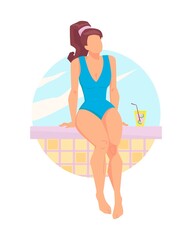 Young woman sitting on the edge of the pool with a fruit cocktail