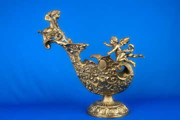 antique vase with figurines of angels, vintage bronze vase, ancient jug, bronze vessel with figurines, vintage bronze vessel